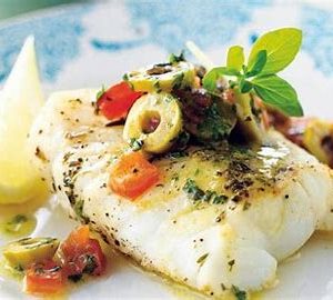 Pesto gratinerad Hälleflundra med vitvinssås och potatispuré